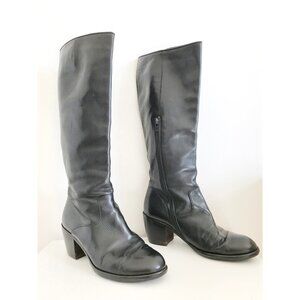 Dries Van Noten Black Leather Riding Boots Knee-High Vintage Wood Heel EU 39